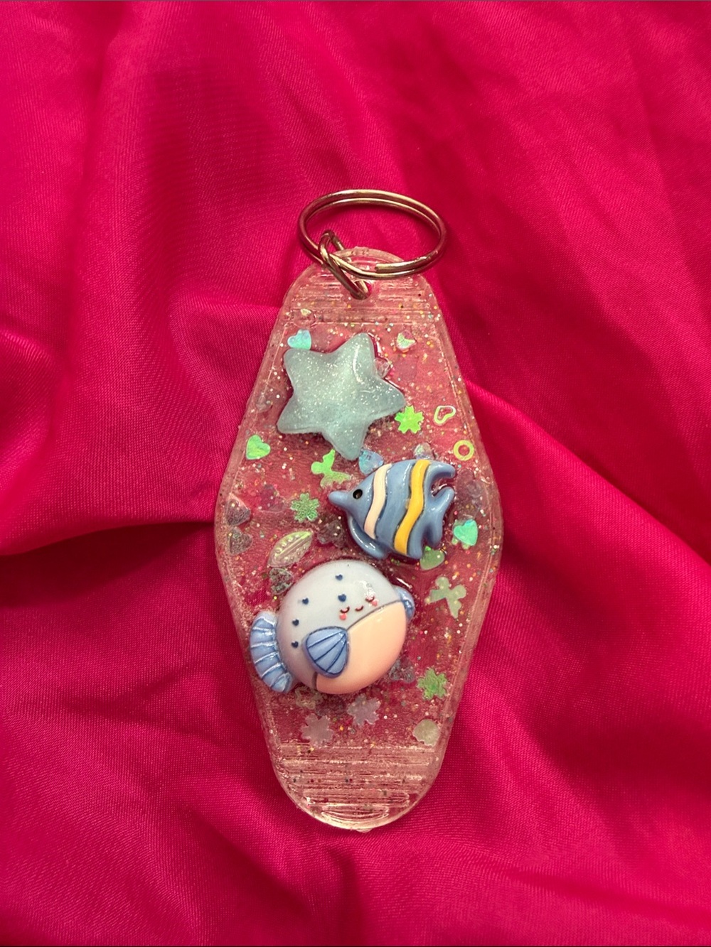Cute Pink Ocean Keychain with Blue Fish and Star